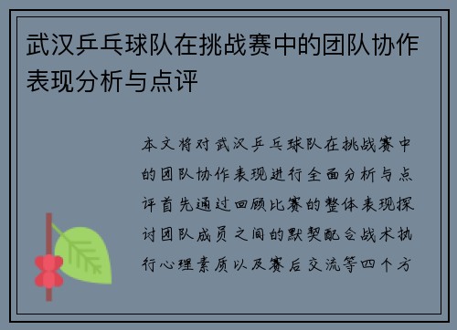 武汉乒乓球队在挑战赛中的团队协作表现分析与点评