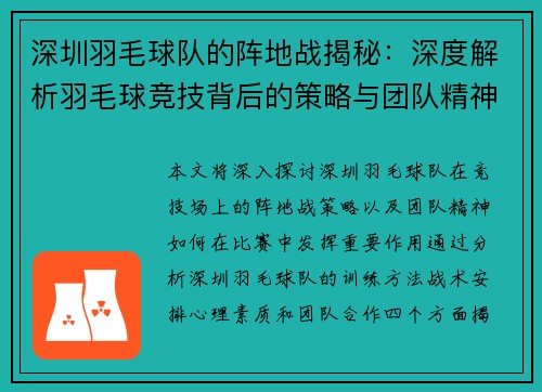 深圳羽毛球队的阵地战揭秘：深度解析羽毛球竞技背后的策略与团队精神
